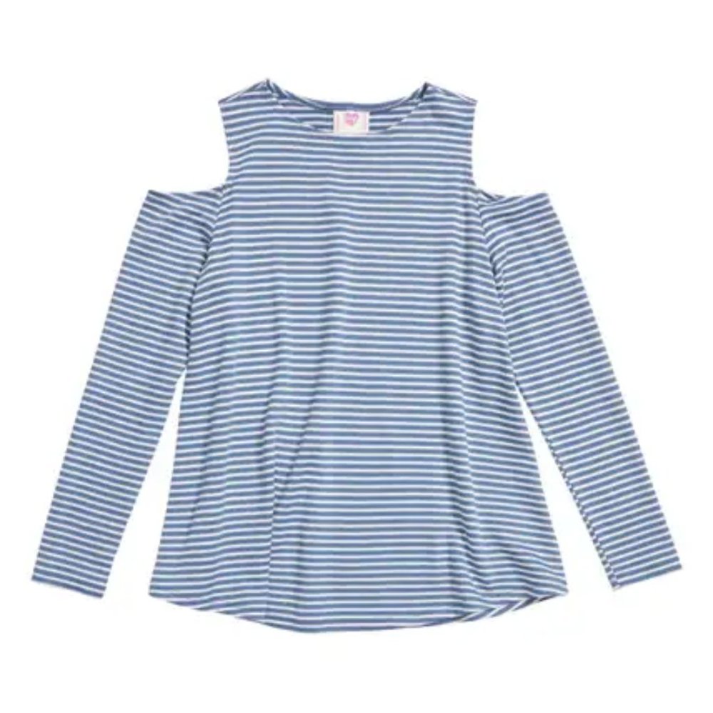 H.I.P. Stripe Cold Shoulder Tee,L (14), DENIM/ WHITE Stripe Cold Shoulder Tee